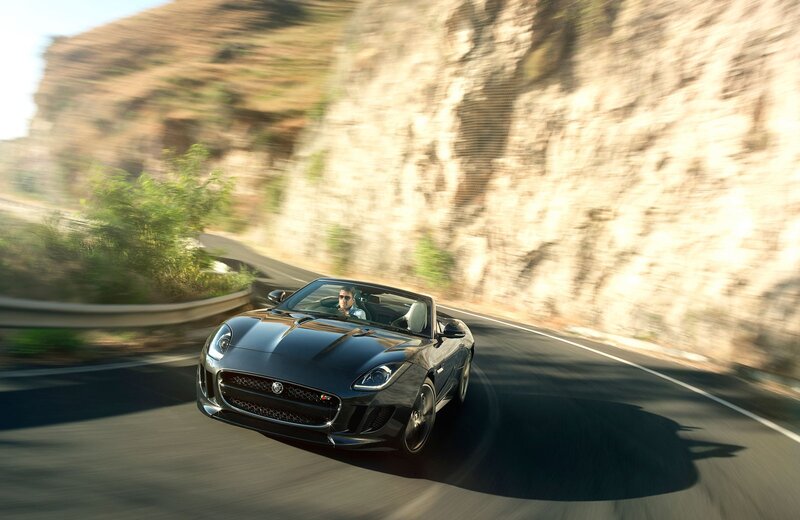 Jaguar F-Type convertible on winding road
