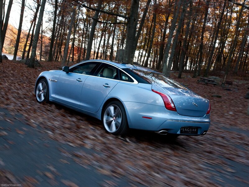 Jaguar XJ driving on a forest road
