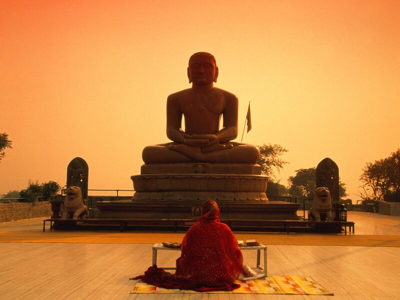 Jain statue at sunset