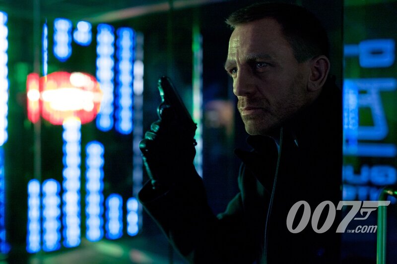 James Bond with gun in neon city