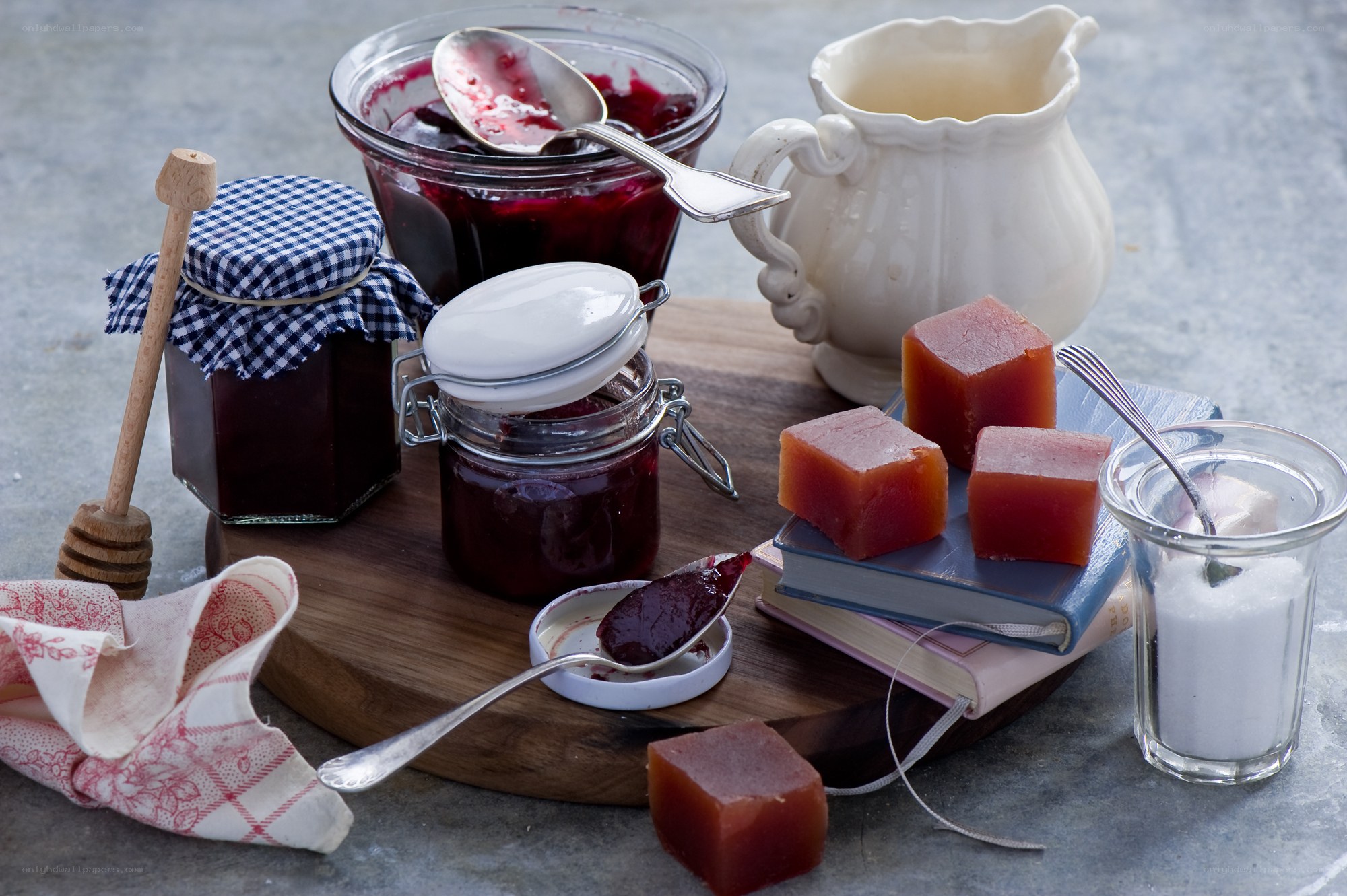 jams and jellies on a wooden board