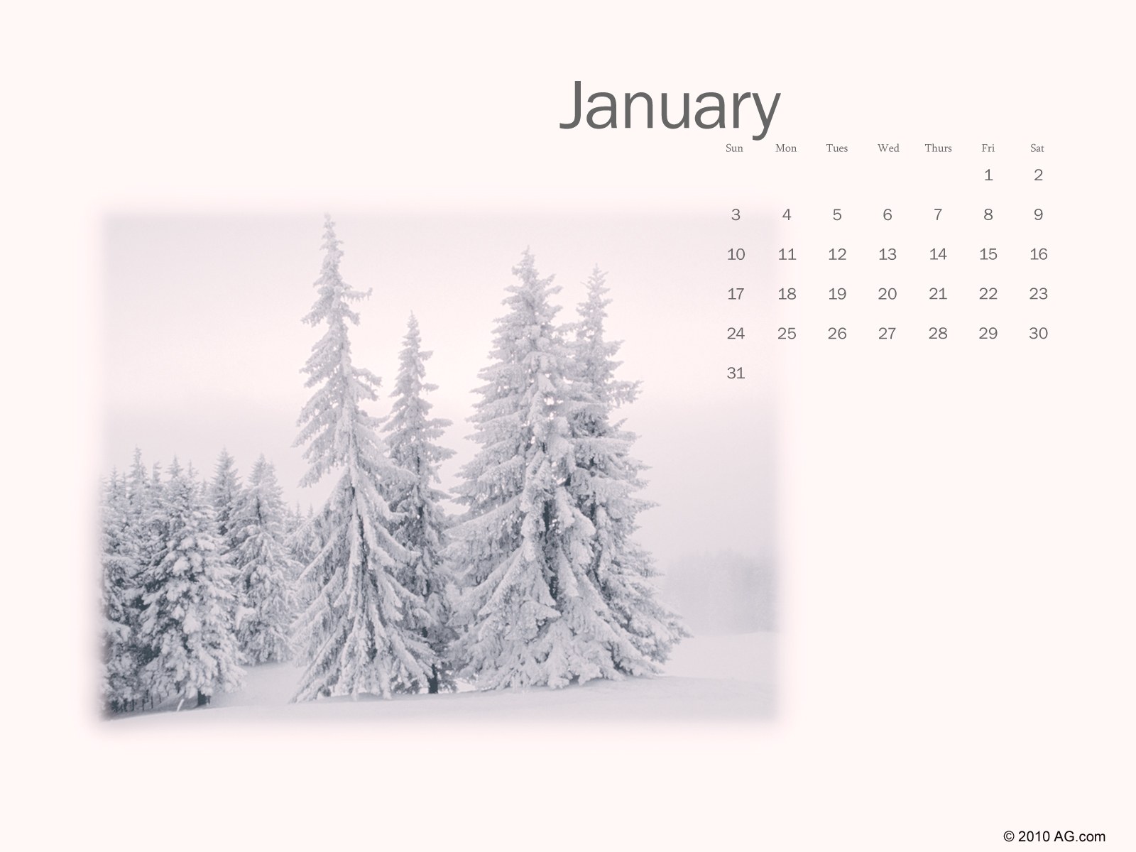 January calendar with snowy trees