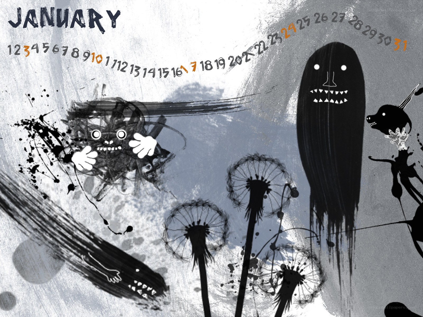 January calendar with spooky art