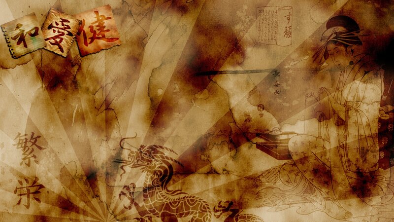 Japanese art with dragon and geisha