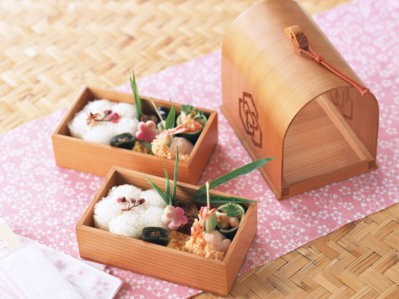 Japanese bento boxes with rice and tempura