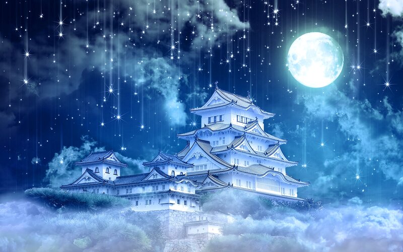 Japanese Castle at Night — Blue, Serene