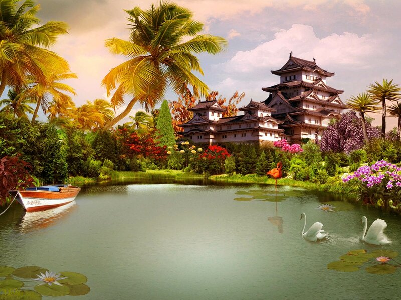 Japanese Castle in Garden — Green, Serene