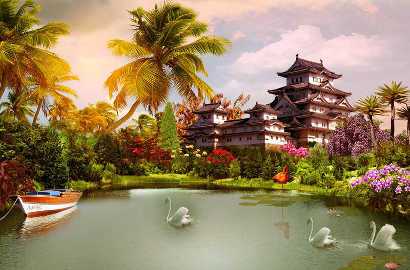 Japanese Castle in Garden — Green