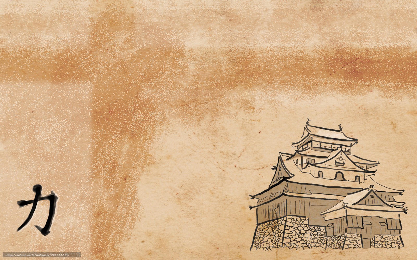 Japanese castle on aged paper