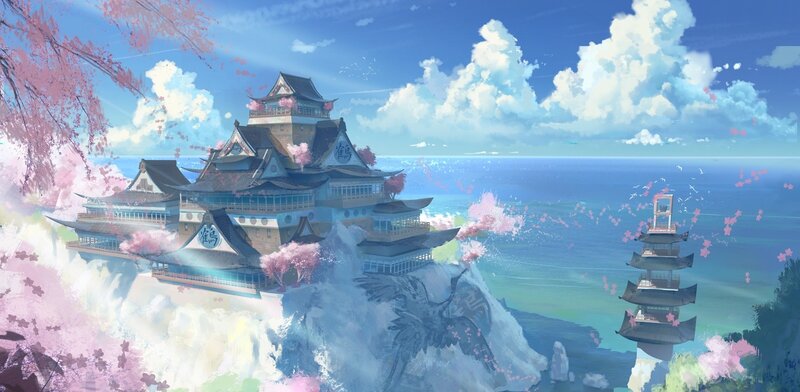 Japanese Castle on Cliff — Blue