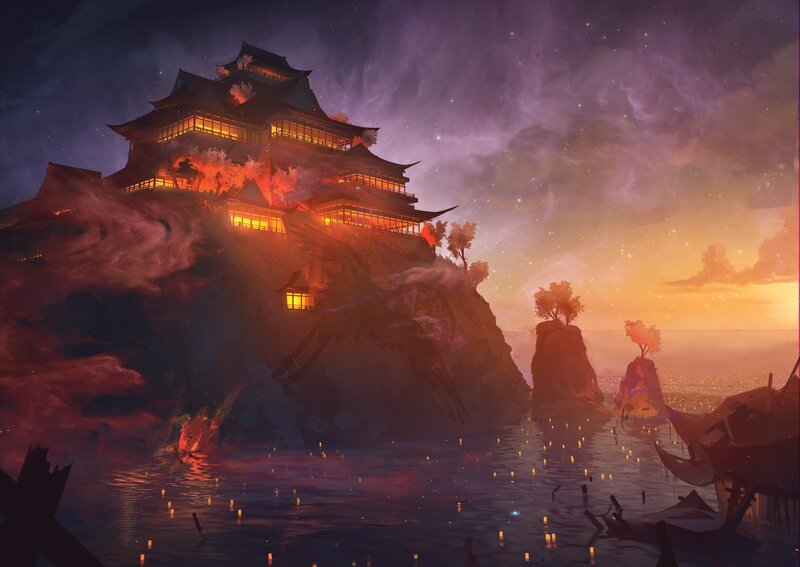 Japanese Castle on Cliff — Purple