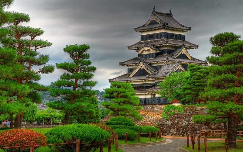 Japanese Castle with Trees — Green, Dramatic