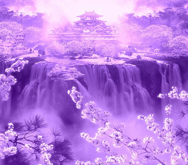 Japanese Castle with Waterfall — Purple
