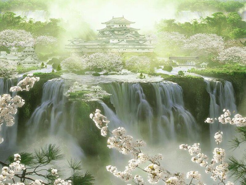 Japanese Castle with Waterfall