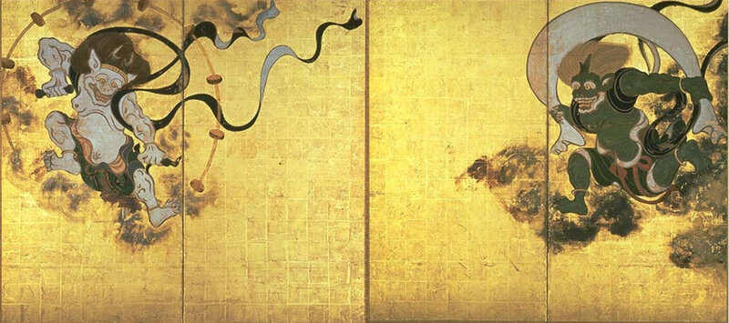 Japanese demon guardians on gold