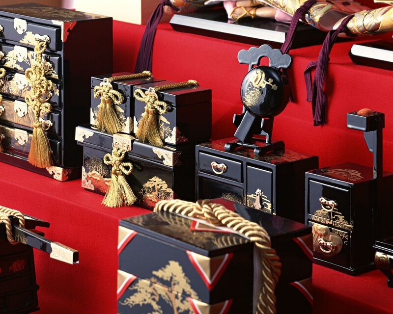 Japanese doll display with boxes