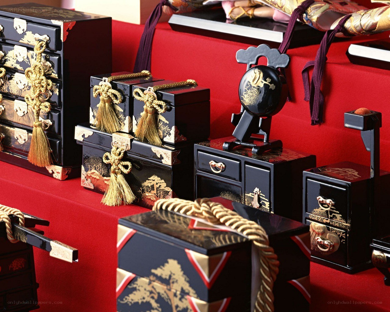 Japanese doll display with boxes