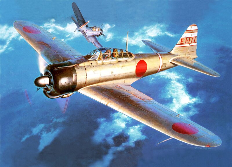 Japanese Fighter Plane — Blue, Dramatic, Afternoon, Illustration, Airplane