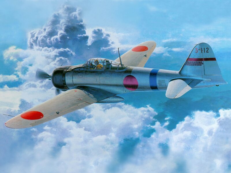 Japanese Fighter Plane — Blue, Dramatic, Illustration, Clouds