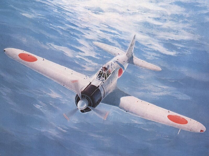 Japanese Fighter Plane — Blue, Dramatic, Illustration, Propeller