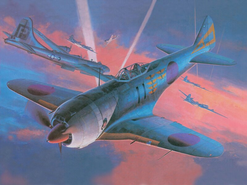 Japanese Fighter Plane — Blue, Dramatic, Sunset, Illustration