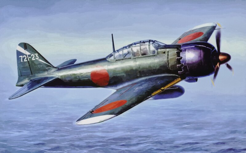 Japanese Fighter Plane — Green, Dramatic, Illustration, Ocean