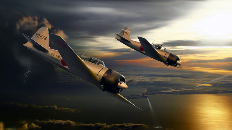 Japanese Fighter Planes — Gray, Dramatic, Sunset
