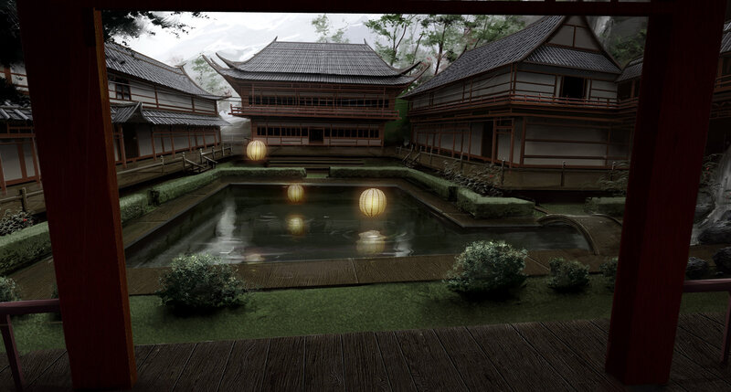 Japanese garden at dusk