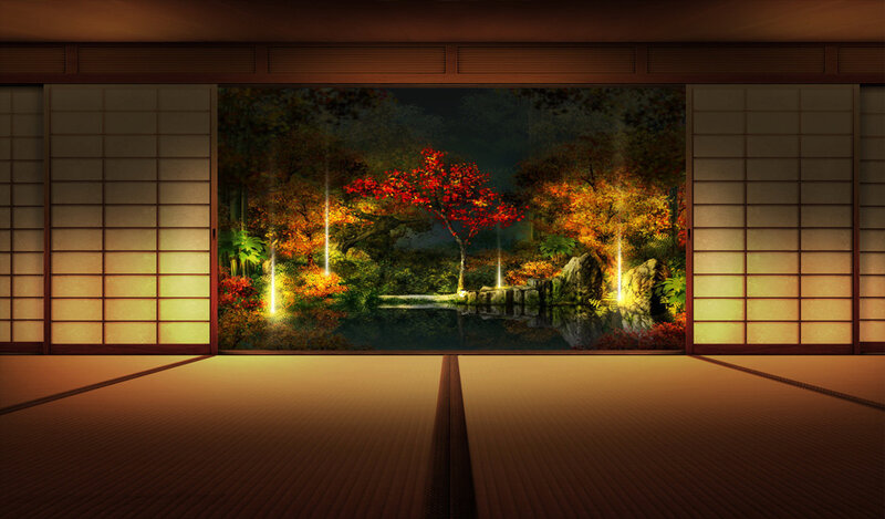 Japanese Garden at Night — Brown, Serene