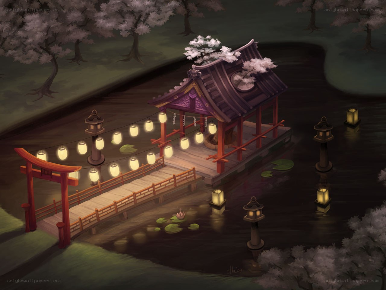 Japanese garden at night