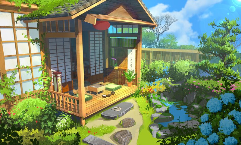 Japanese Garden House — Green, Serene, Afternoon, Digital Art