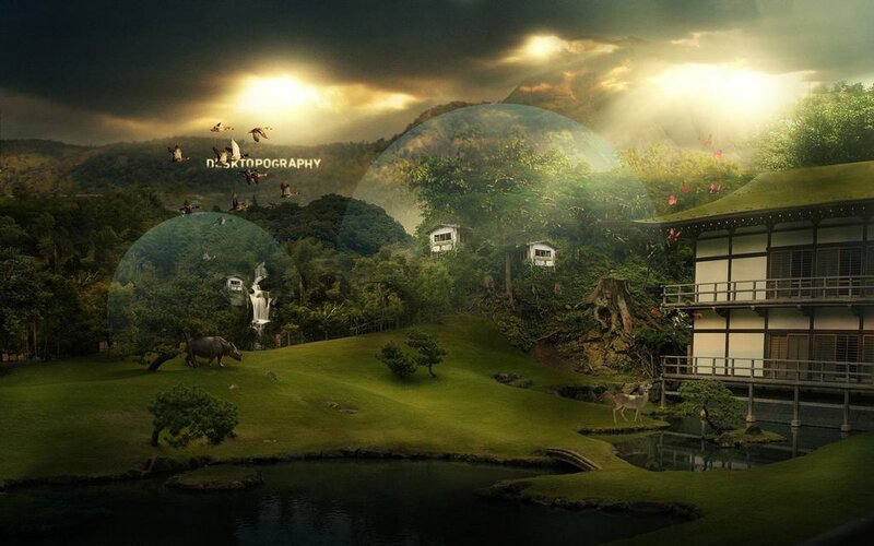 Japanese Garden Landscape — Green, Serene, Sunset, Digital Art