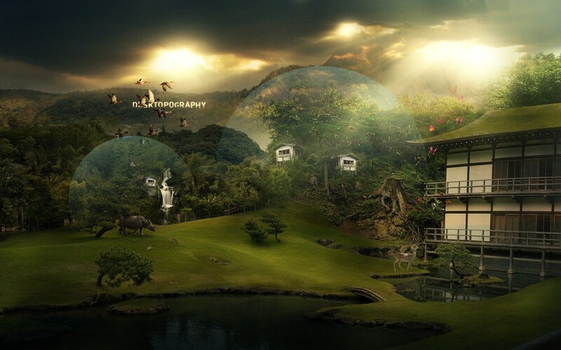Japanese Garden Landscape — Green, Serene, Sunset