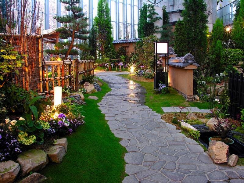 Japanese garden path at night