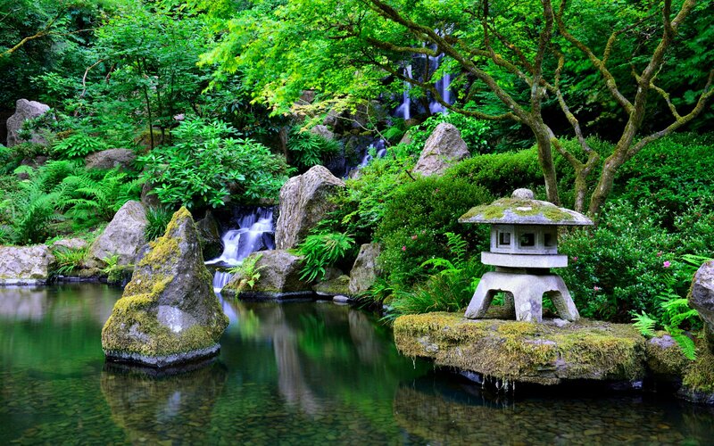 Japanese Garden Pond — Green, Serene, Afternoon, Photograph, Stone Lantern, Waterfall