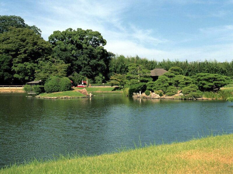 Japanese Garden Pond — Green, Serene, Afternoon, Photograph, Trees, Pavilion