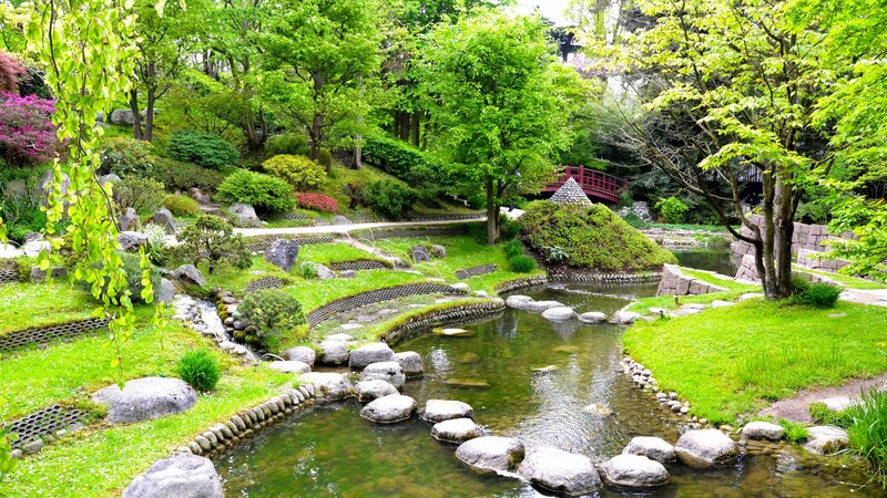 Japanese Garden Pond — Green, Serene, Spring, Photograph, Bridge, Trees