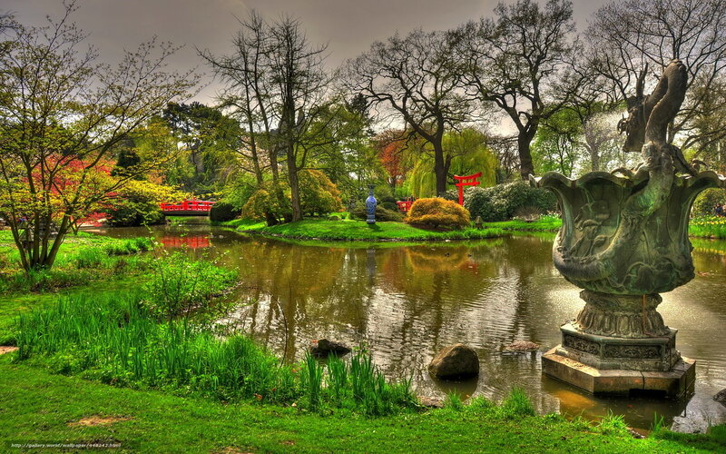 Japanese Garden Pond — Green, Serene, Spring, Photograph, Statue, Bridge, Trees
