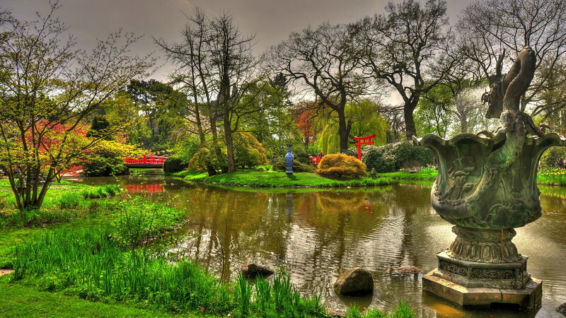 Japanese Garden Pond — Green, Serene, Spring, Photograph, Statue