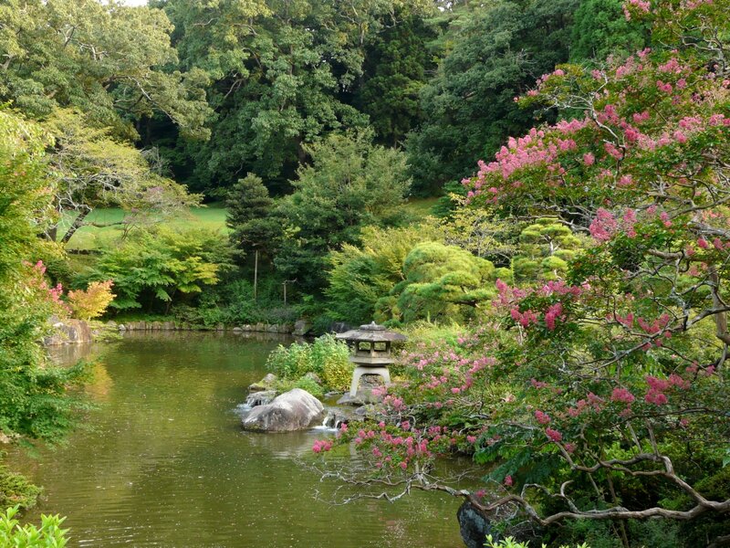 Japanese Garden Pond — Green, Serene, Spring, Photograph, Stone Lantern