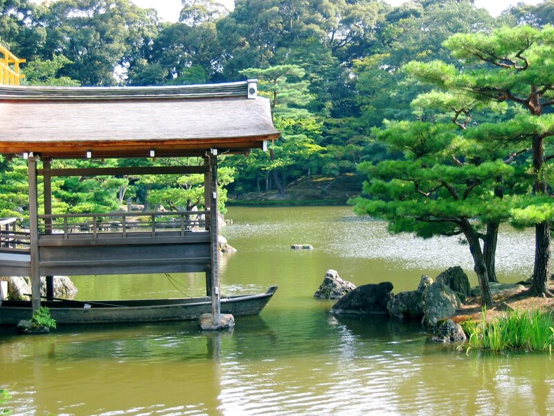 Japanese garden pond with pavilion