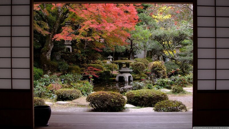 Japanese Garden View — Red, Serene, Autumn, Photograph