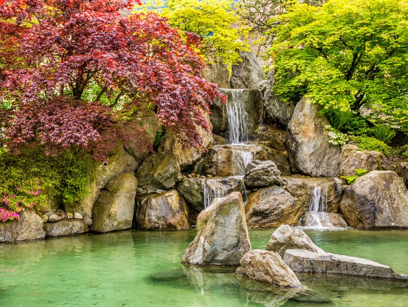 Japanese Garden Waterfall — Green, Serene