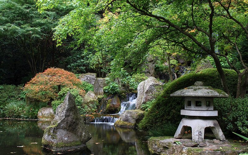 Japanese Garden with Lantern — Green, Serene, Summer