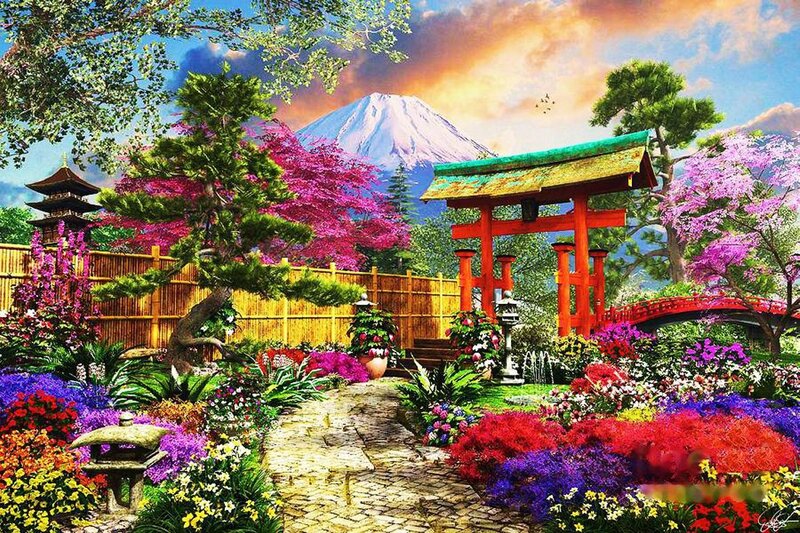 Japanese Garden with Mountain — Red