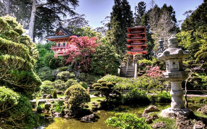 Japanese Garden with Pagodas — Green, Serene, Afternoon, Photograph, Pagoda