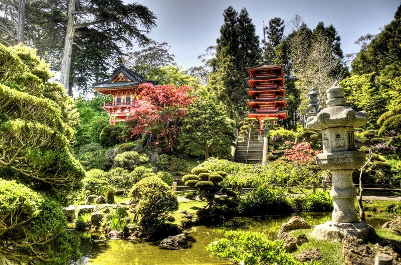 Japanese Garden with Pagodas — Green, Serene, Afternoon