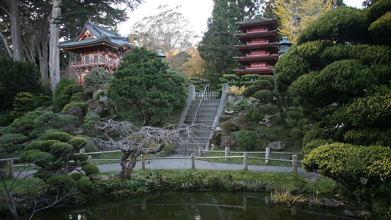 Japanese Garden with Pagodas — Green, Serene, Autumn