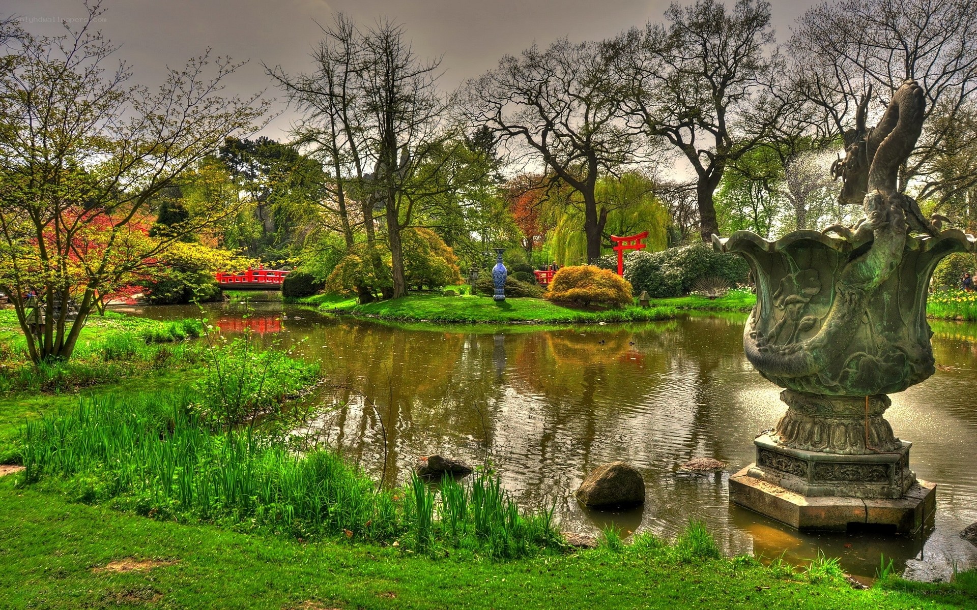 Japanese garden with pond and bridge