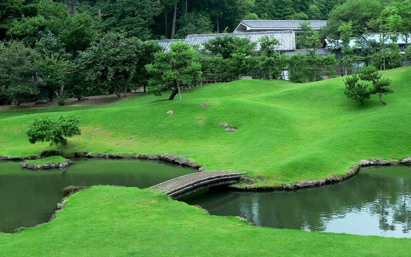 Japanese garden with pond and bridge